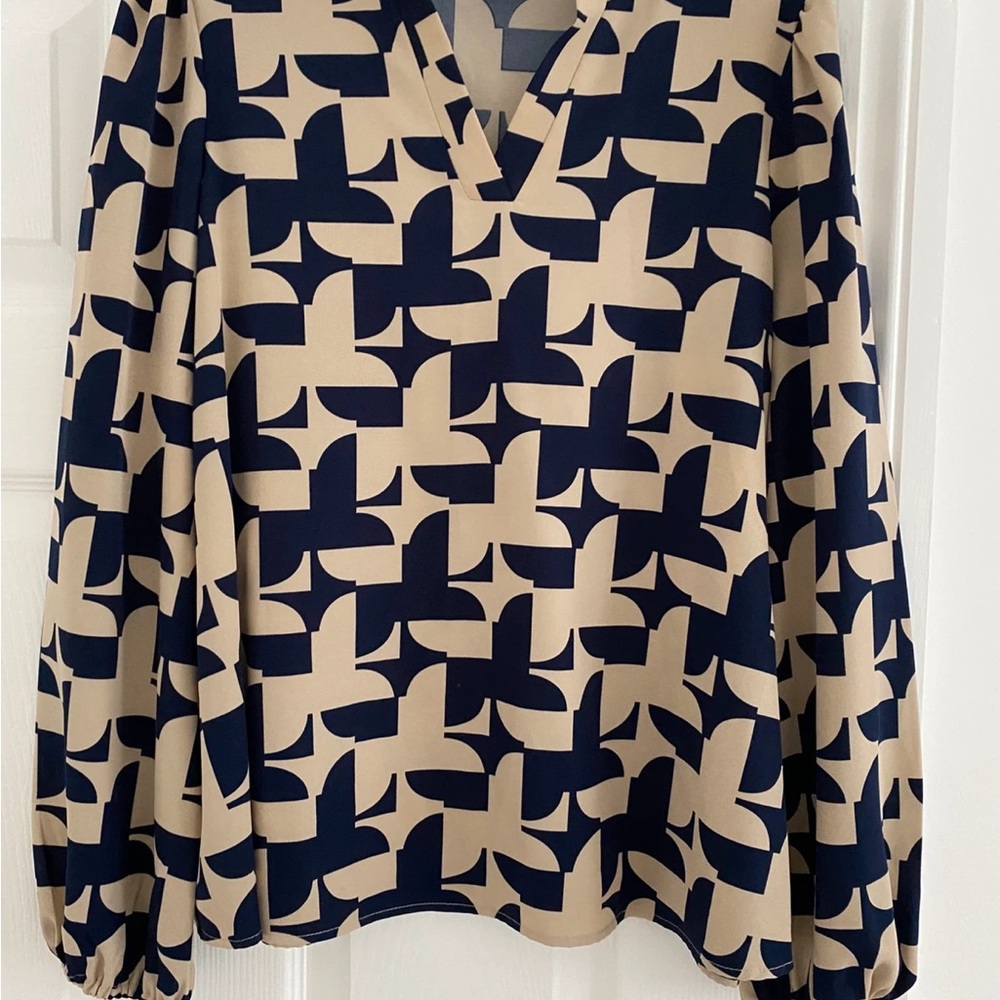 Navy and Beige Patterned Women's Top